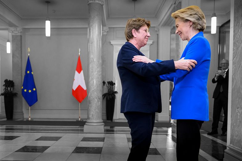 Swiss President Viola Amherd (L) greets European Commission President Ursula von der Leyen in Bern on December 20, 2024. To strengthen the country's ties with the bloc after disagreements over freedom of movement across Switzerland's borders Swiss President Viola Amherd (L) greets European Commission President Ursula von der Leyen in Bern on December 20, 2024. To strengthen the country's ties with the bloc after disagreements over freedom of movement across Switzerland's borders