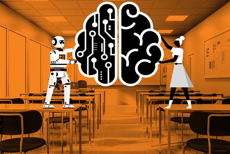 Illustration of student and robot holding brain in classroom. To illustrate how universities should encourage faculty and students to experiment and research ways AI tools can be used to facilitate critical thinking and human agency. Illustration of student and robot holding brain in classroom. To illustrate how universities should encourage faculty and students to experiment and research ways AI tools can be used to facilitate critical thinking and human agency.