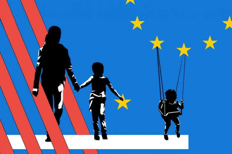 An illustration of a woman and child walking out from the red stripes from the US flag and looking at a small child on a swing supported by the yellow stars from the European Union flag. To illustrate better childcare provision in Europe. An illustration of a woman and child walking out from the red stripes from the US flag and looking at a small child on a swing supported by the yellow stars from the European Union flag. To illustrate better childcare provision in Europe.
