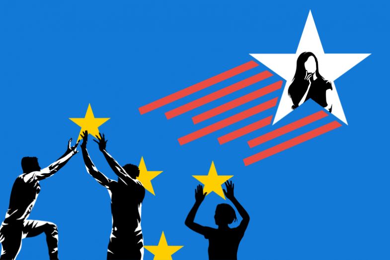 Illustration of people working together to lift yellow stars while a single person in a white star shoots across the sky. To illustrate that academics in Europe have a more collective approach than the lone stars of the US. Illustration of people working together to lift yellow stars while a single person in a white star shoots across the sky. To illustrate that academics in Europe have a more collective approach than the lone stars of the US.