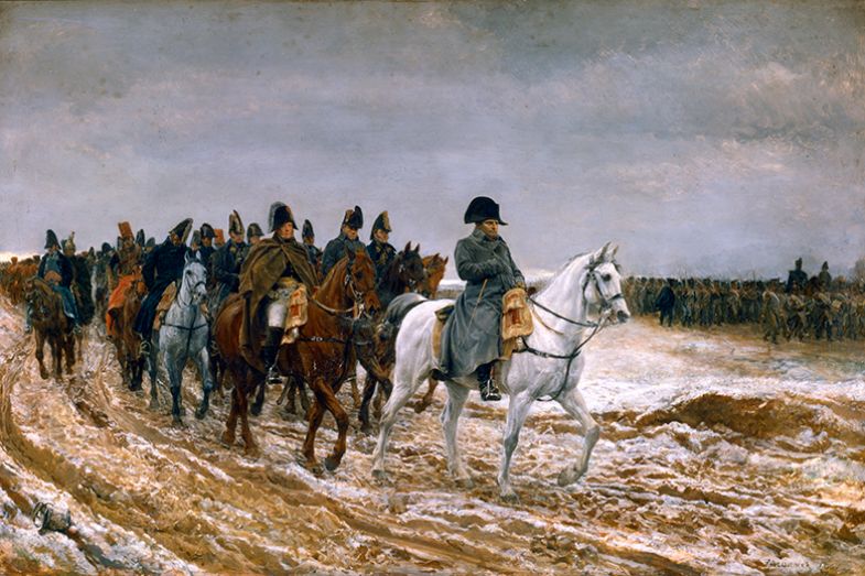 “Le Campagne de France 1814” (1864). Napoleon Bonaparte (1769-1821) leads the remnants of his army through mud and snow during the French campaign of 1814. The combined armies of Britain, Russia, Prussia and Austria eventually defeated the French.