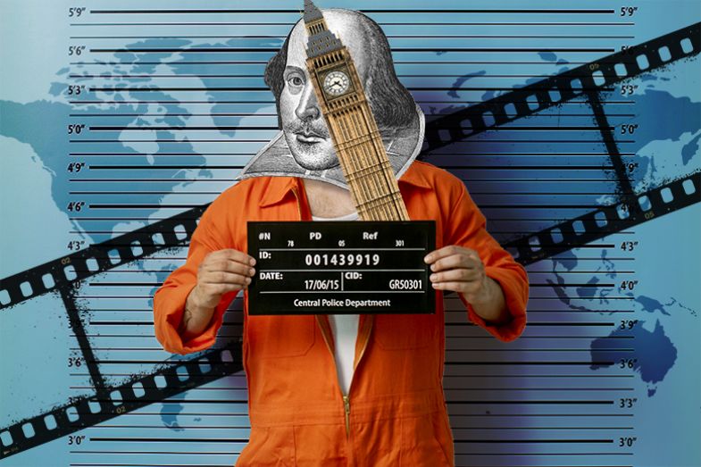 Shakespeare as a criminal, with an eye made of Big Ben, and a map and film strip in the background. To illustrate deptartments such as history, English, film studies, criminology, international relations and politics being merged. Shakespeare as a criminal, with an eye made of Big Ben, and a map and film strip in the background. To illustrate deptartments such as history, English, film studies, criminology, international relations and politics being merged.
