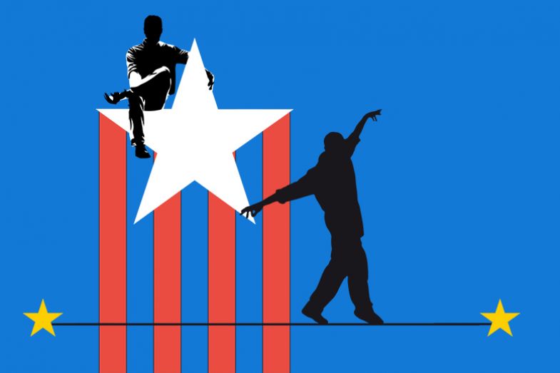 Illustration showing person sitting comfortably on a star of the US flag, while another balances between two yellow stars from the European Union flag. To illustrate the security of tenure in the US and the precarity of academic jobs elsewhere. Illustration showing person sitting comfortably on a star of the US flag, while another balances between two yellow stars from the European Union flag. To illustrate the security of tenure in the US and the precarity of academic jobs elsewhere.
